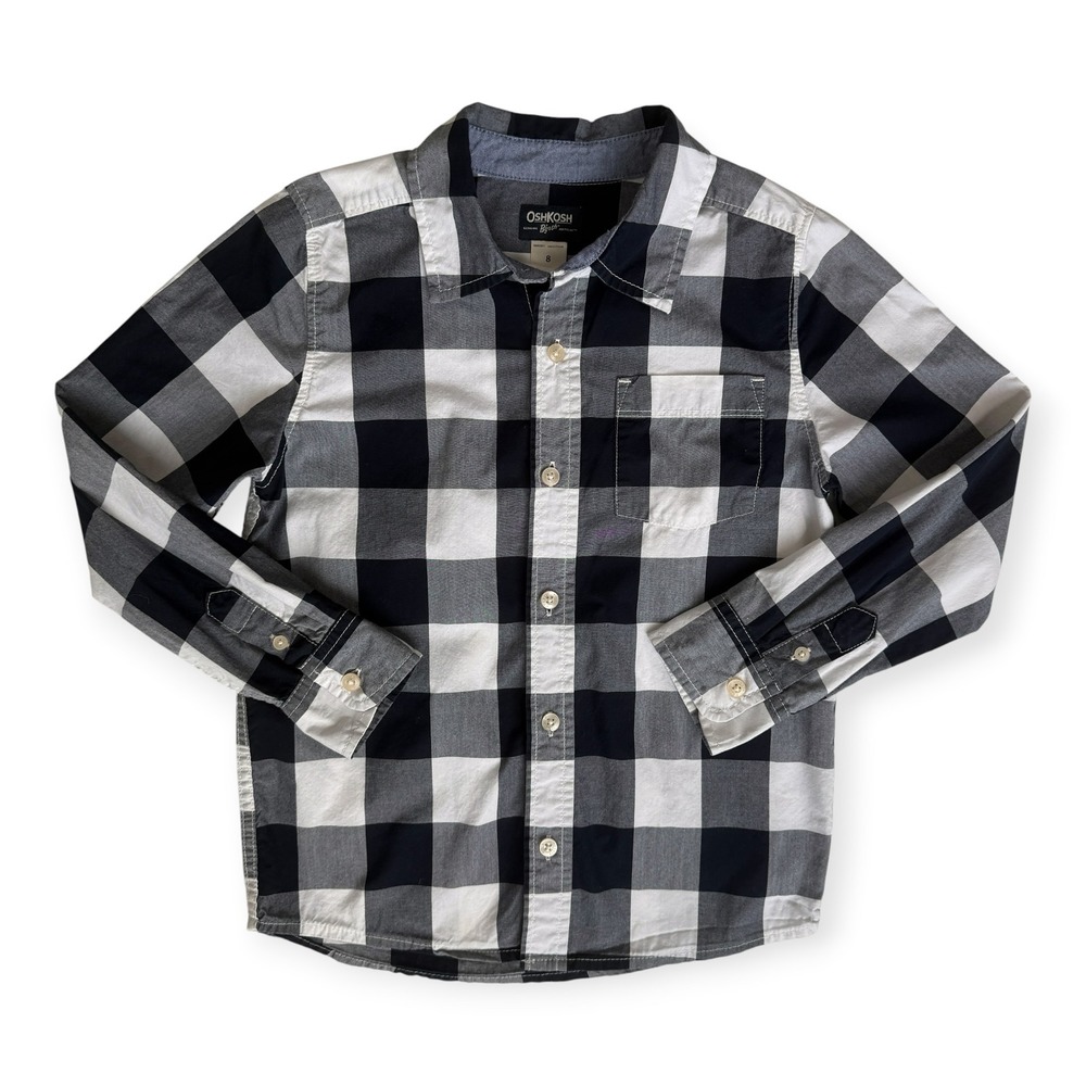 OshKosh Bgosh Button Down Kids Sz 8 Black White Buffalo Plaid Flannel Layering